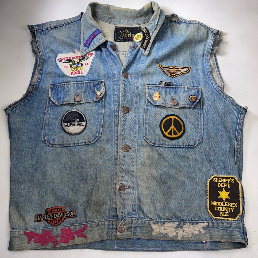 Vtg Biker Vest Denim Patch Embroidered Harley Motorcycle Club Outlaw Gang